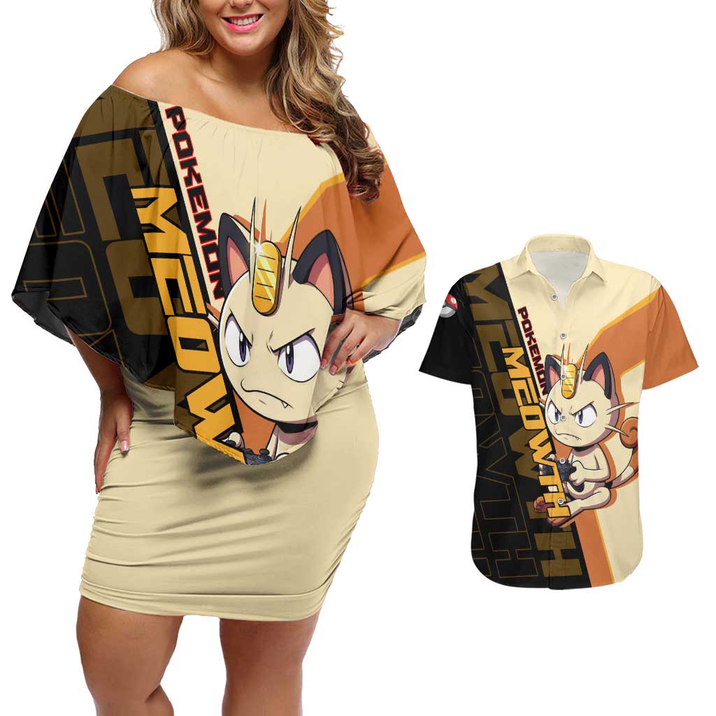 Meowth Poké Couples Matching Off Shoulder Short Dress and Hawaiian Shirt Vintage Anime Cartoon Style