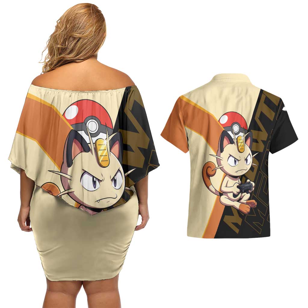 Meowth Poké Couples Matching Off Shoulder Short Dress and Hawaiian Shirt Vintage Anime Cartoon Style