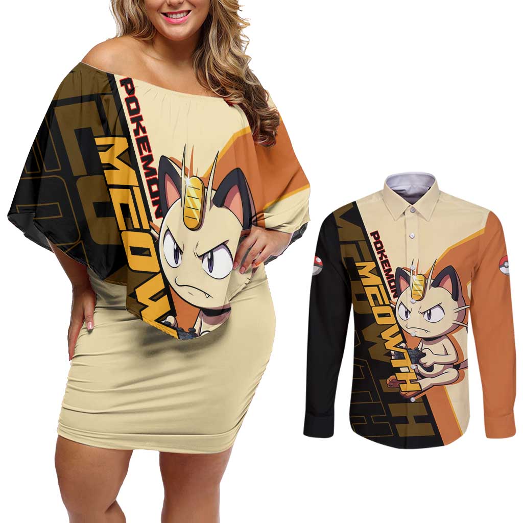 Meowth Poké Couples Matching Off Shoulder Short Dress and Long Sleeve Button Shirt Vintage Anime Cartoon Style