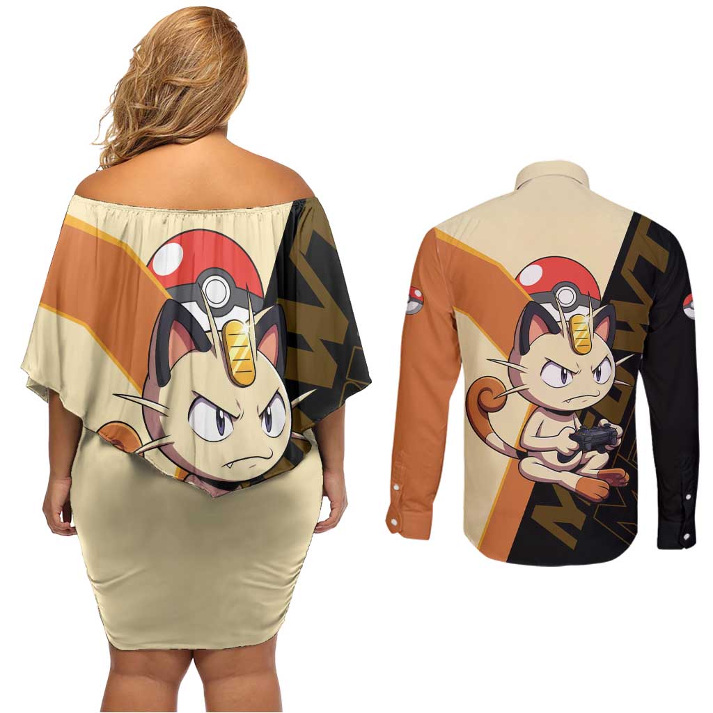 Meowth Poké Couples Matching Off Shoulder Short Dress and Long Sleeve Button Shirt Vintage Anime Cartoon Style