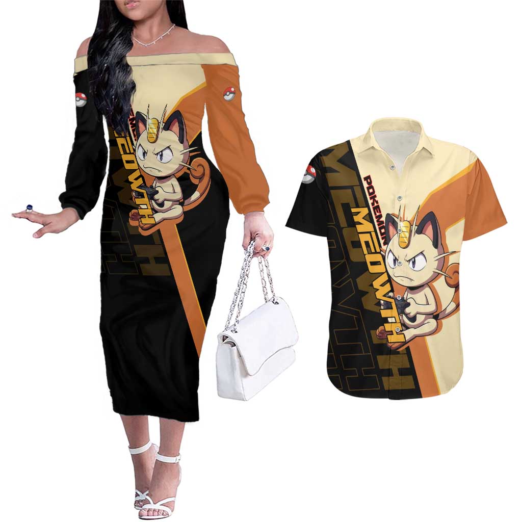 Meowth Poké Couples Matching Off The Shoulder Long Sleeve Dress and Hawaiian Shirt Vintage Anime Cartoon Style