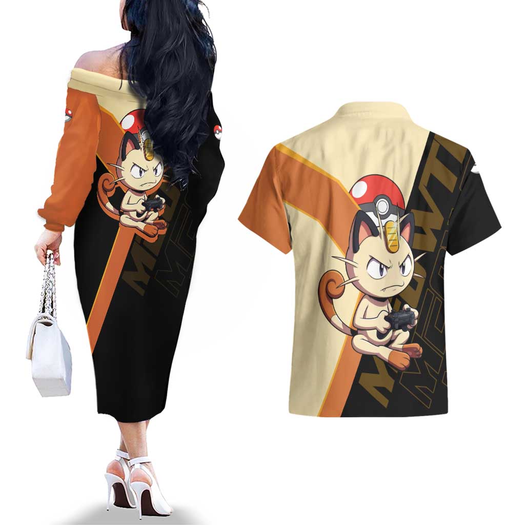 Meowth Poké Couples Matching Off The Shoulder Long Sleeve Dress and Hawaiian Shirt Vintage Anime Cartoon Style