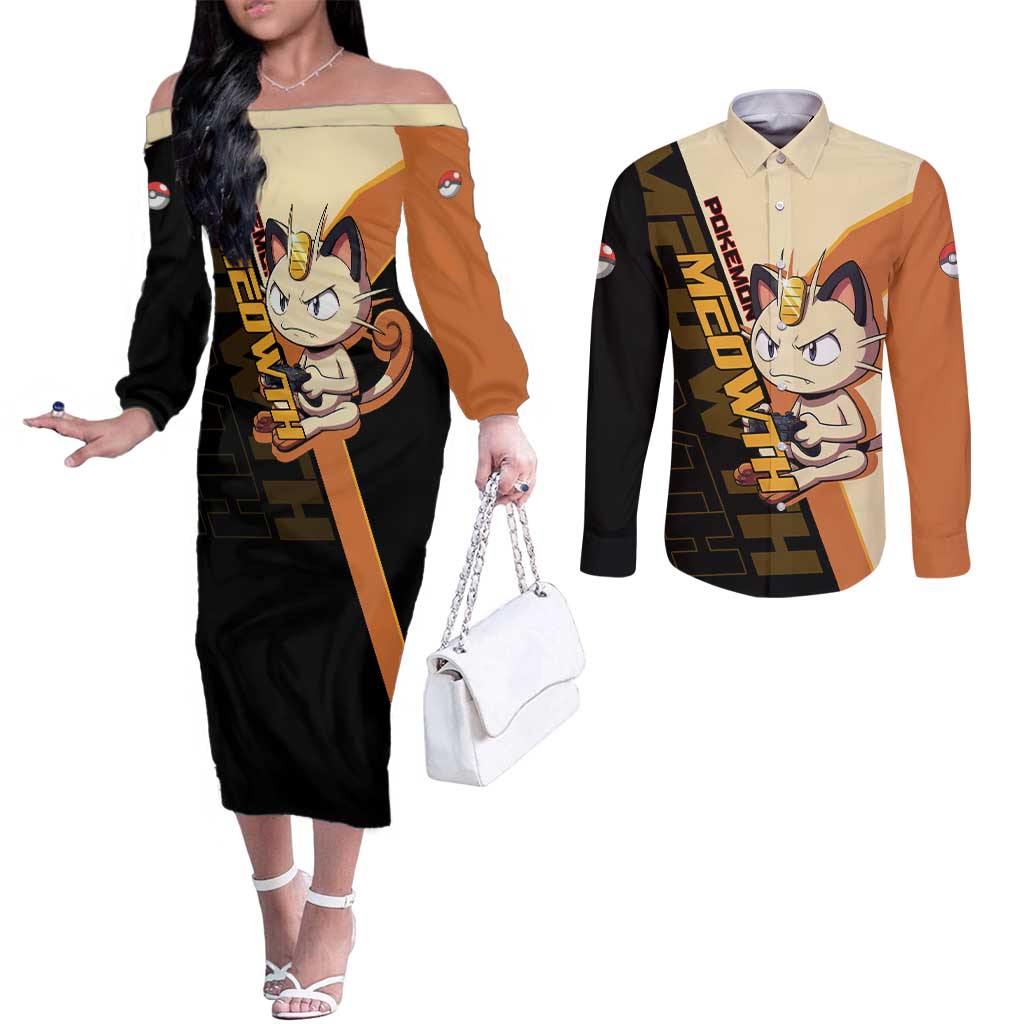 Meowth Poké Couples Matching Off The Shoulder Long Sleeve Dress and Long Sleeve Button Shirt Vintage Anime Cartoon Style