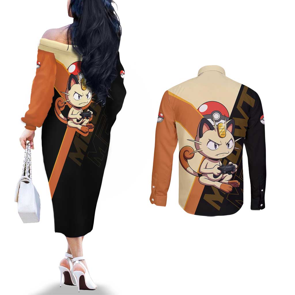 Meowth Poké Couples Matching Off The Shoulder Long Sleeve Dress and Long Sleeve Button Shirt Vintage Anime Cartoon Style
