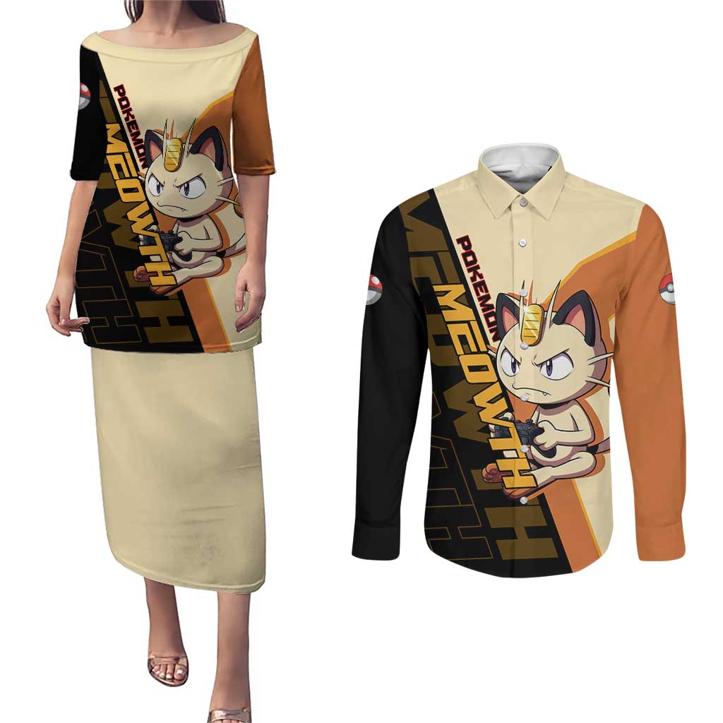 Meowth Poké Couples Matching Puletasi and Long Sleeve Button Shirt Vintage Anime Cartoon Style