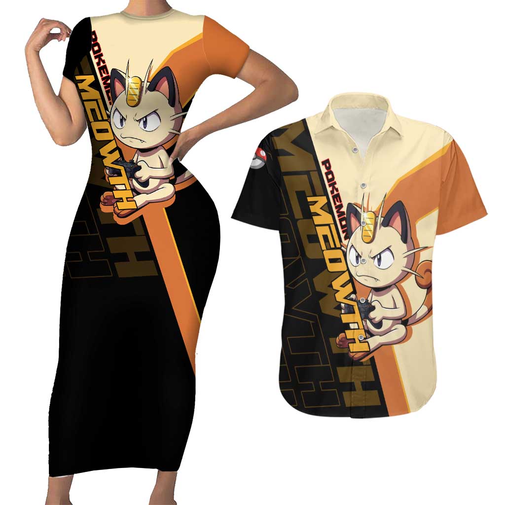 Meowth Poké Couples Matching Short Sleeve Bodycon Dress and Hawaiian Shirt Vintage Anime Cartoon Style