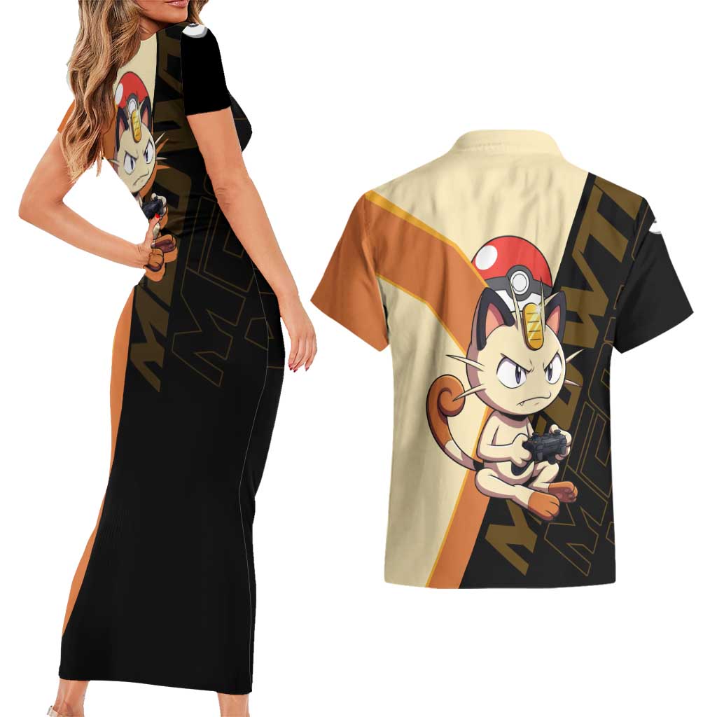 Meowth Poké Couples Matching Short Sleeve Bodycon Dress and Hawaiian Shirt Vintage Anime Cartoon Style