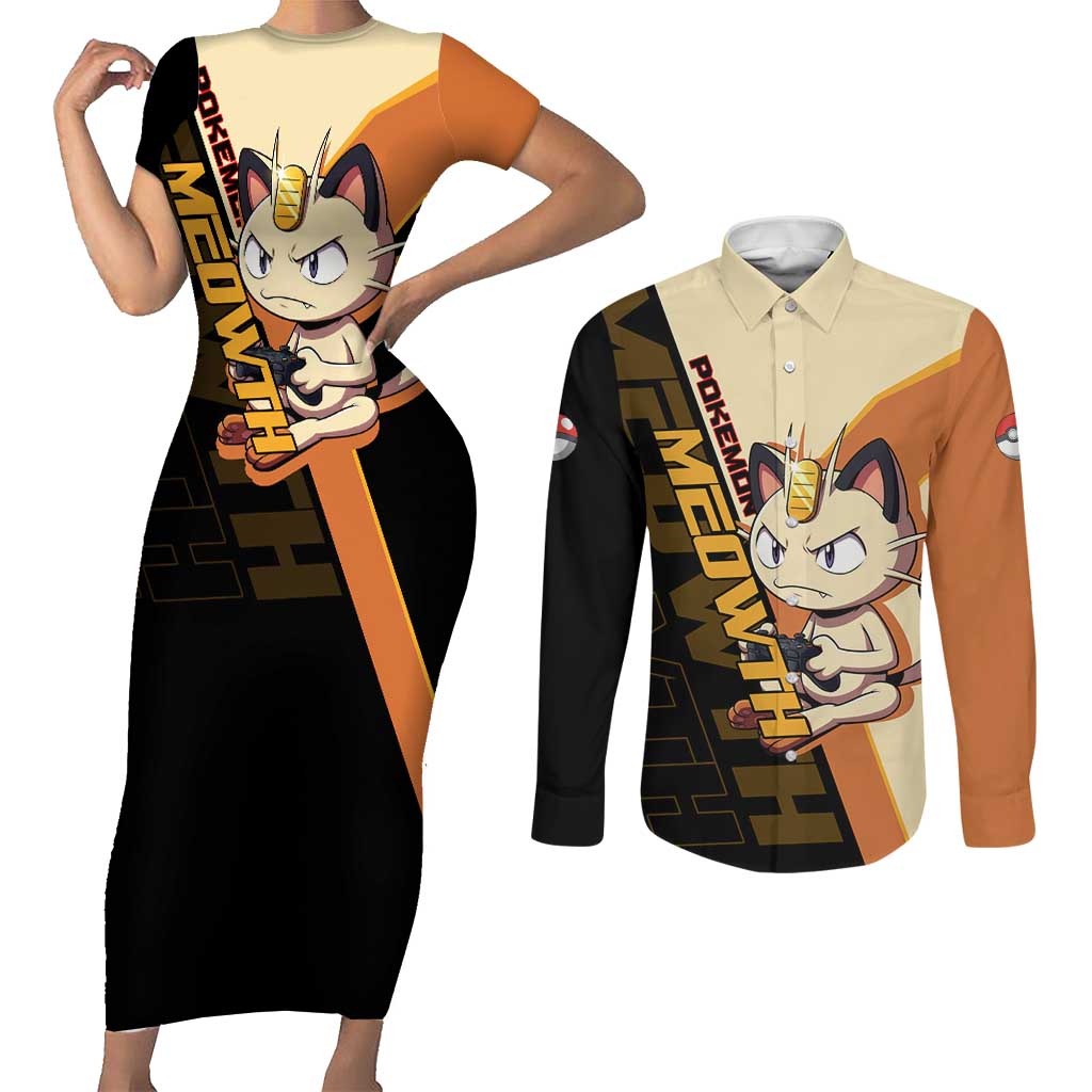 Meowth Poké Couples Matching Short Sleeve Bodycon Dress and Long Sleeve Button Shirt Vintage Anime Cartoon Style