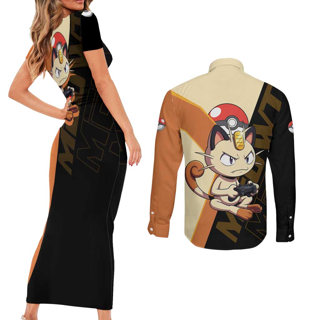Meowth Poké Couples Matching Short Sleeve Bodycon Dress and Long Sleeve Button Shirt Vintage Anime Cartoon Style