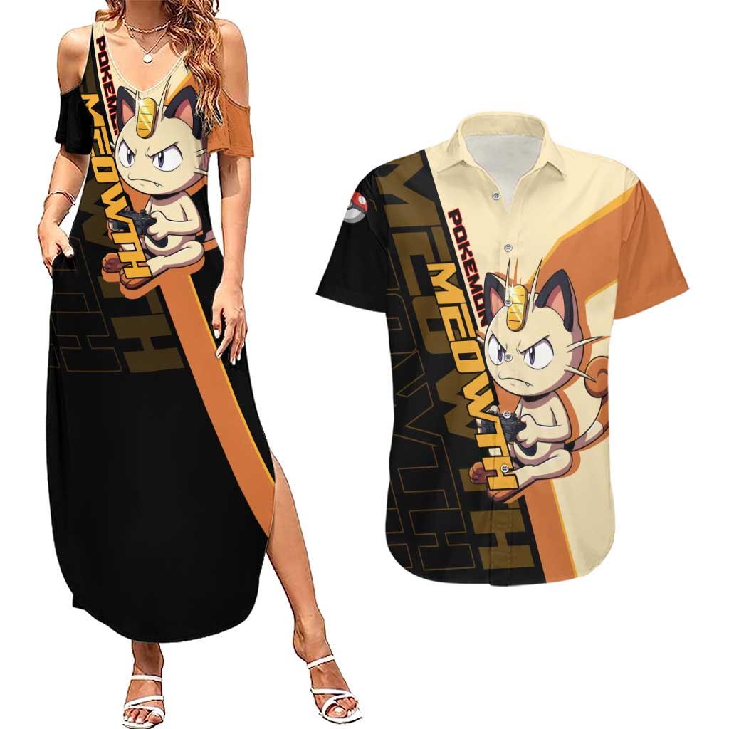 Meowth Poké Couples Matching Summer Maxi Dress and Hawaiian Shirt Vintage Anime Cartoon Style