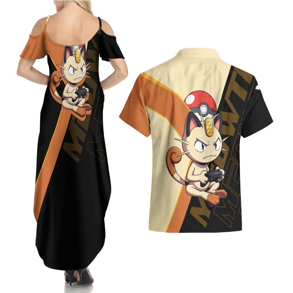 Meowth Poké Couples Matching Summer Maxi Dress and Hawaiian Shirt Vintage Anime Cartoon Style