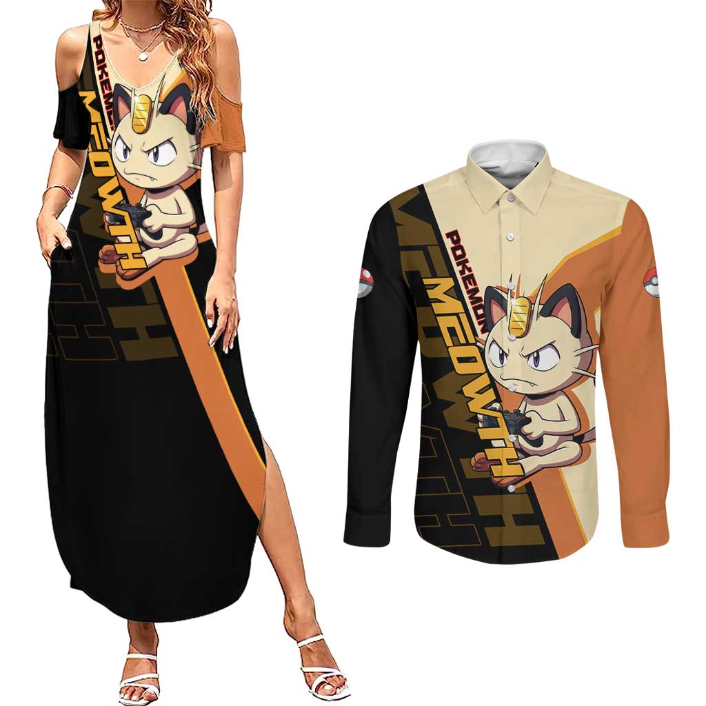 Meowth Poké Couples Matching Summer Maxi Dress and Long Sleeve Button Shirt Vintage Anime Cartoon Style