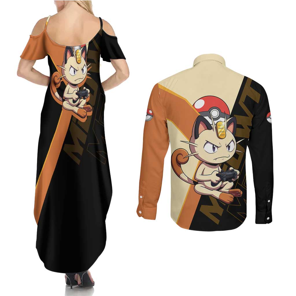 Meowth Poké Couples Matching Summer Maxi Dress and Long Sleeve Button Shirt Vintage Anime Cartoon Style