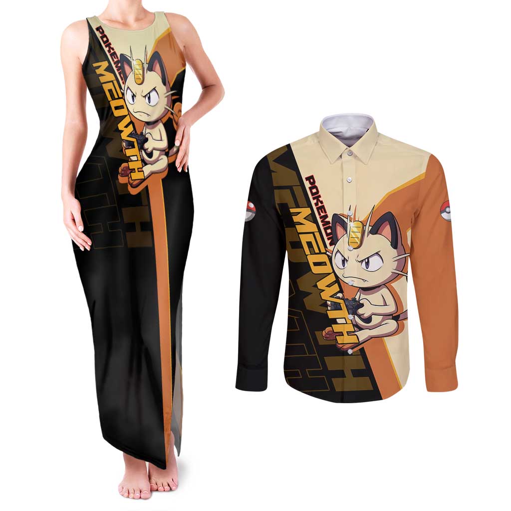 Meowth Poké Couples Matching Tank Maxi Dress and Long Sleeve Button Shirt Vintage Anime Cartoon Style
