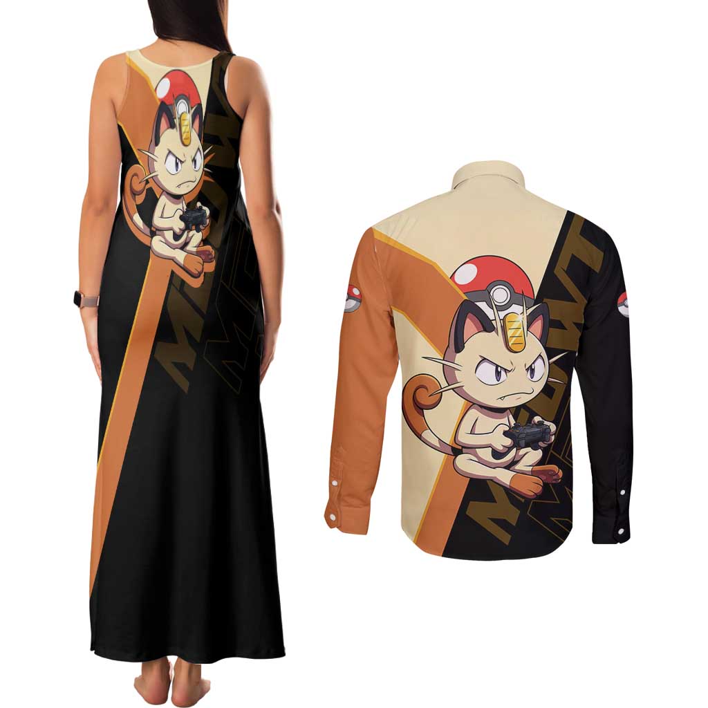 Meowth Poké Couples Matching Tank Maxi Dress and Long Sleeve Button Shirt Vintage Anime Cartoon Style