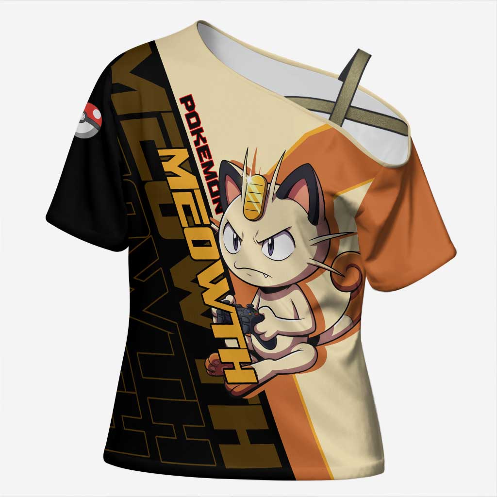 Meowth Poké Cross Shoulder Shirt Vintage Anime Cartoon Style