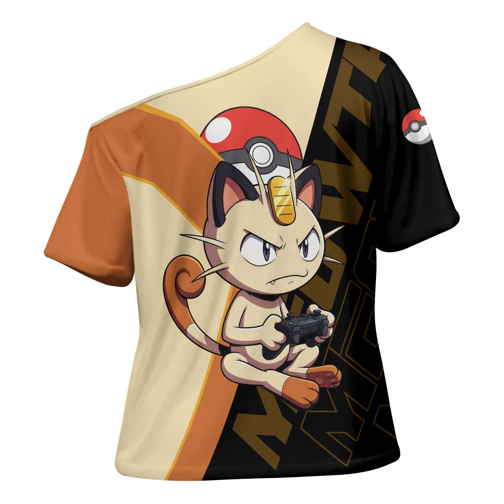 Meowth Poké Cross Shoulder Shirt Vintage Anime Cartoon Style