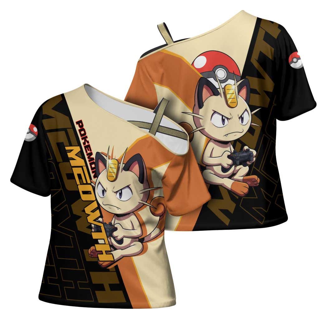 Meowth Poké Cross Shoulder Shirt Vintage Anime Cartoon Style
