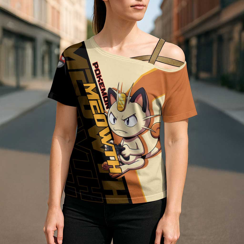Meowth Poké Cross Shoulder Shirt Vintage Anime Cartoon Style