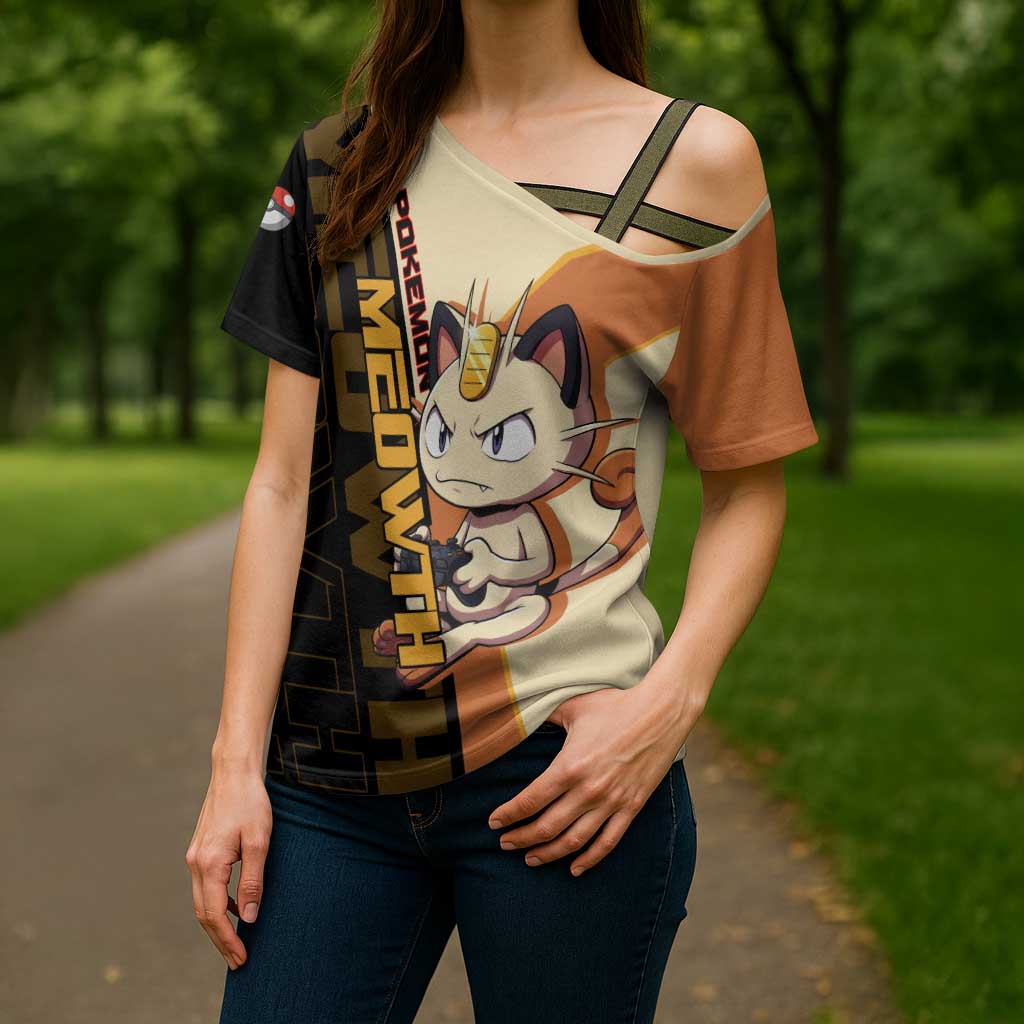 Meowth Poké Cross Shoulder Shirt Vintage Anime Cartoon Style