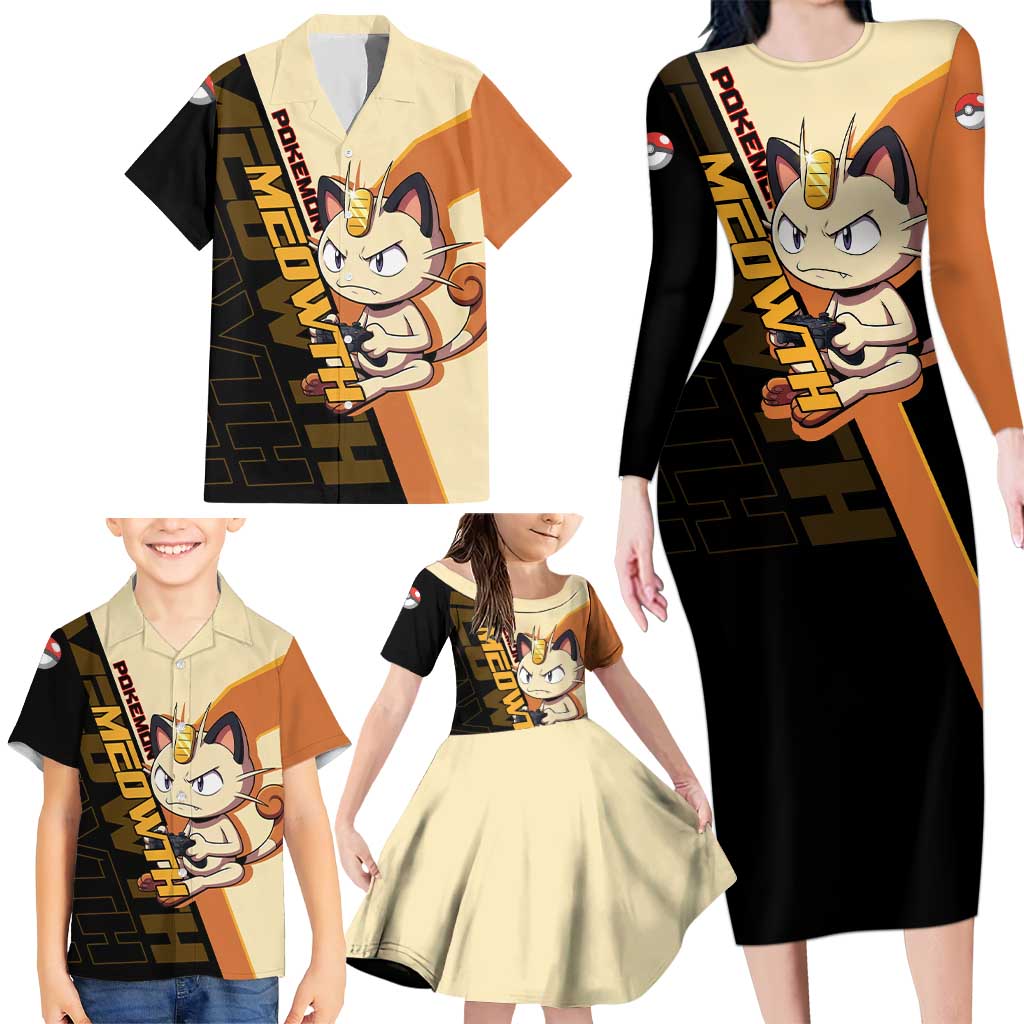 Meowth Poké Family Matching Long Sleeve Bodycon Dress and Hawaiian Shirt Vintage Anime Cartoon Style