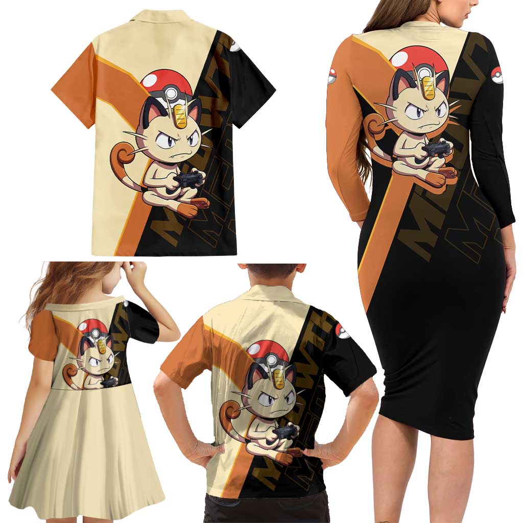 Meowth Poké Family Matching Long Sleeve Bodycon Dress and Hawaiian Shirt Vintage Anime Cartoon Style