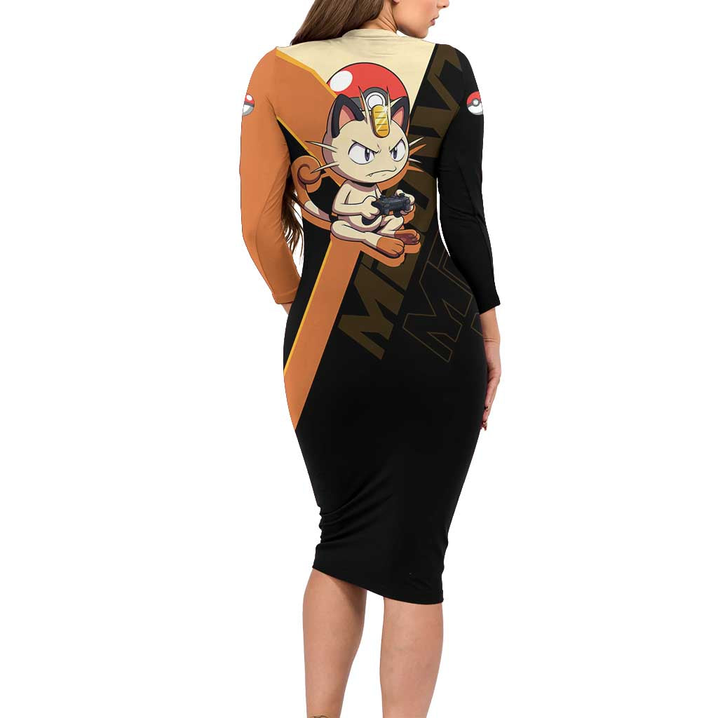 Meowth Poké Family Matching Long Sleeve Bodycon Dress and Hawaiian Shirt Vintage Anime Cartoon Style