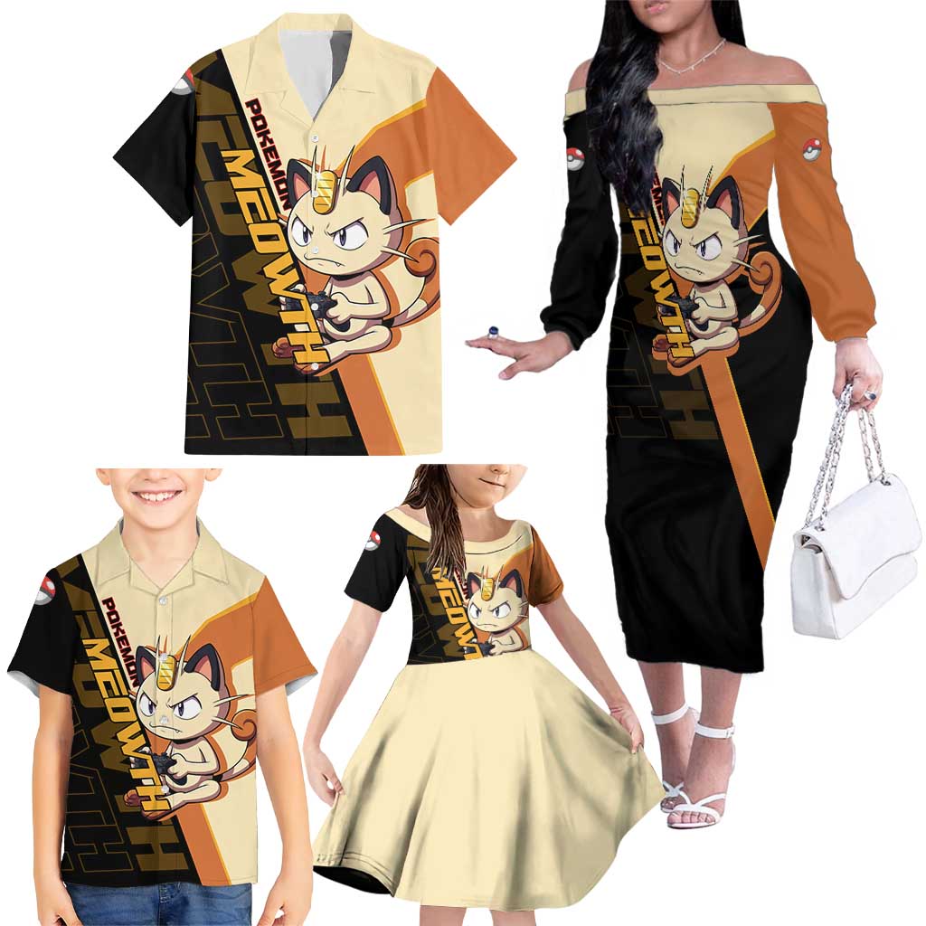 Meowth Poké Family Matching Off The Shoulder Long Sleeve Dress and Hawaiian Shirt Vintage Anime Cartoon Style