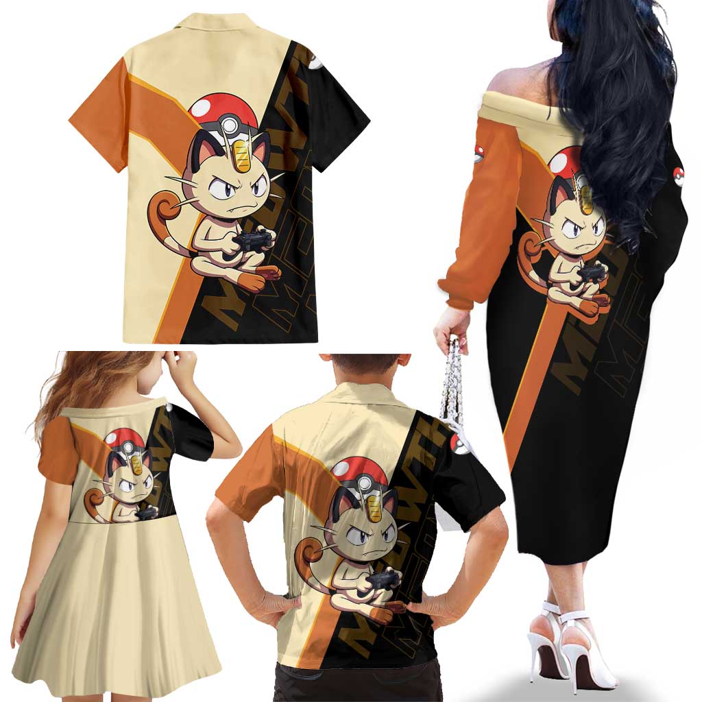 Meowth Poké Family Matching Off The Shoulder Long Sleeve Dress and Hawaiian Shirt Vintage Anime Cartoon Style