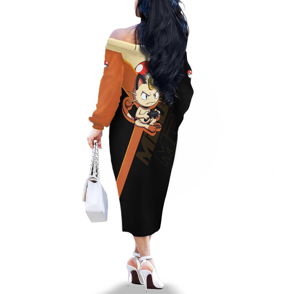 Meowth Poké Family Matching Off The Shoulder Long Sleeve Dress and Hawaiian Shirt Vintage Anime Cartoon Style