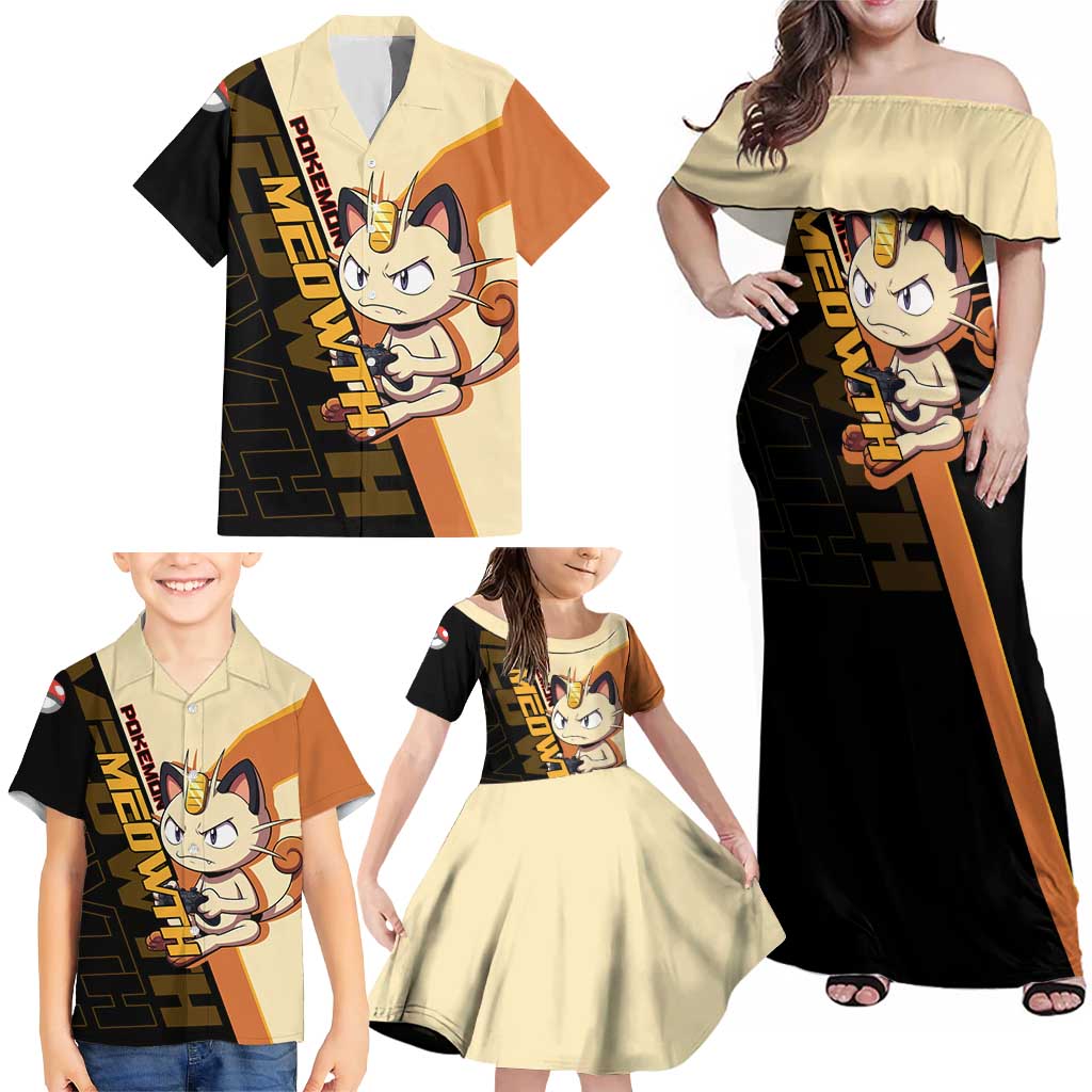 Meowth Poké Family Matching Off Shoulder Maxi Dress and Hawaiian Shirt Vintage Anime Cartoon Style
