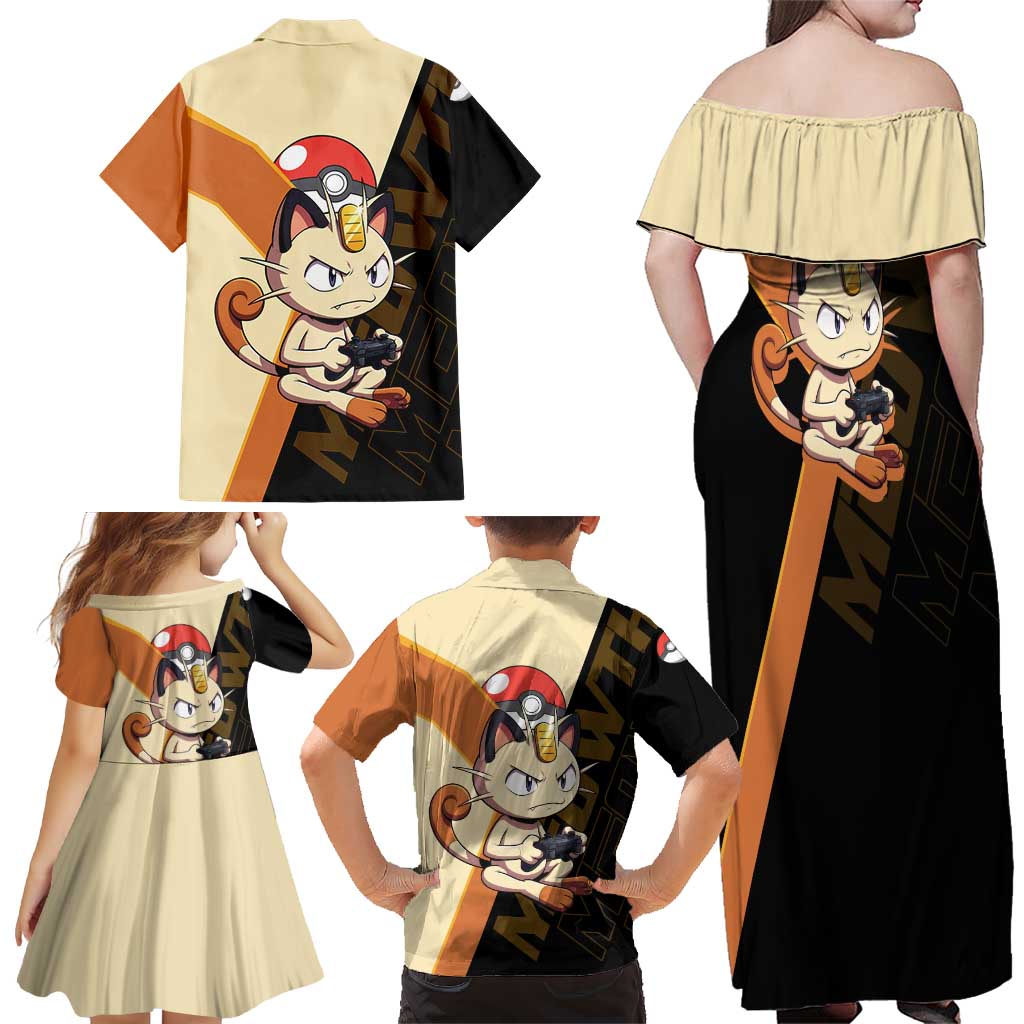 Meowth Poké Family Matching Off Shoulder Maxi Dress and Hawaiian Shirt Vintage Anime Cartoon Style