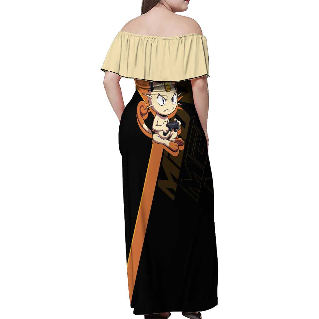 Meowth Poké Family Matching Off Shoulder Maxi Dress and Hawaiian Shirt Vintage Anime Cartoon Style