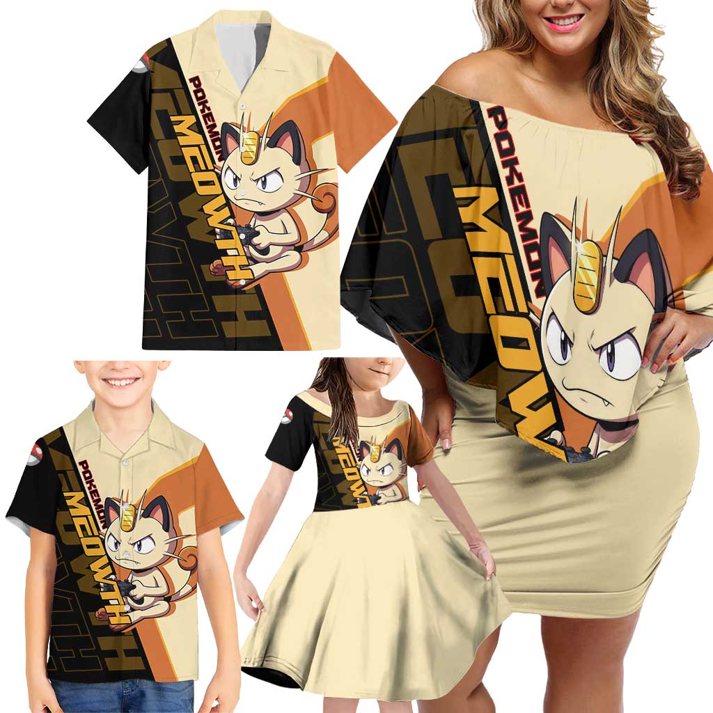 Meowth Poké Family Matching Off Shoulder Short Dress and Hawaiian Shirt Vintage Anime Cartoon Style