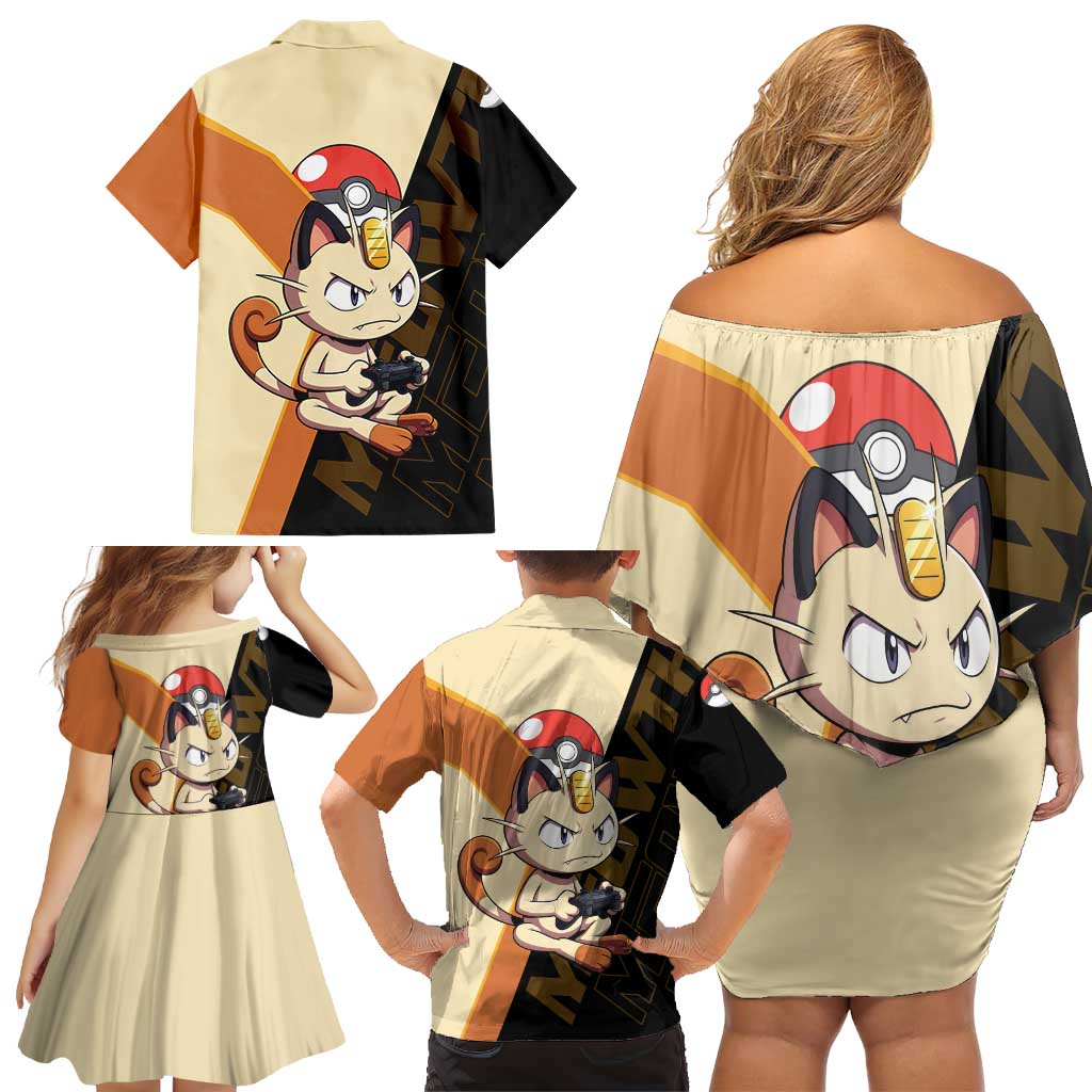 Meowth Poké Family Matching Off Shoulder Short Dress and Hawaiian Shirt Vintage Anime Cartoon Style