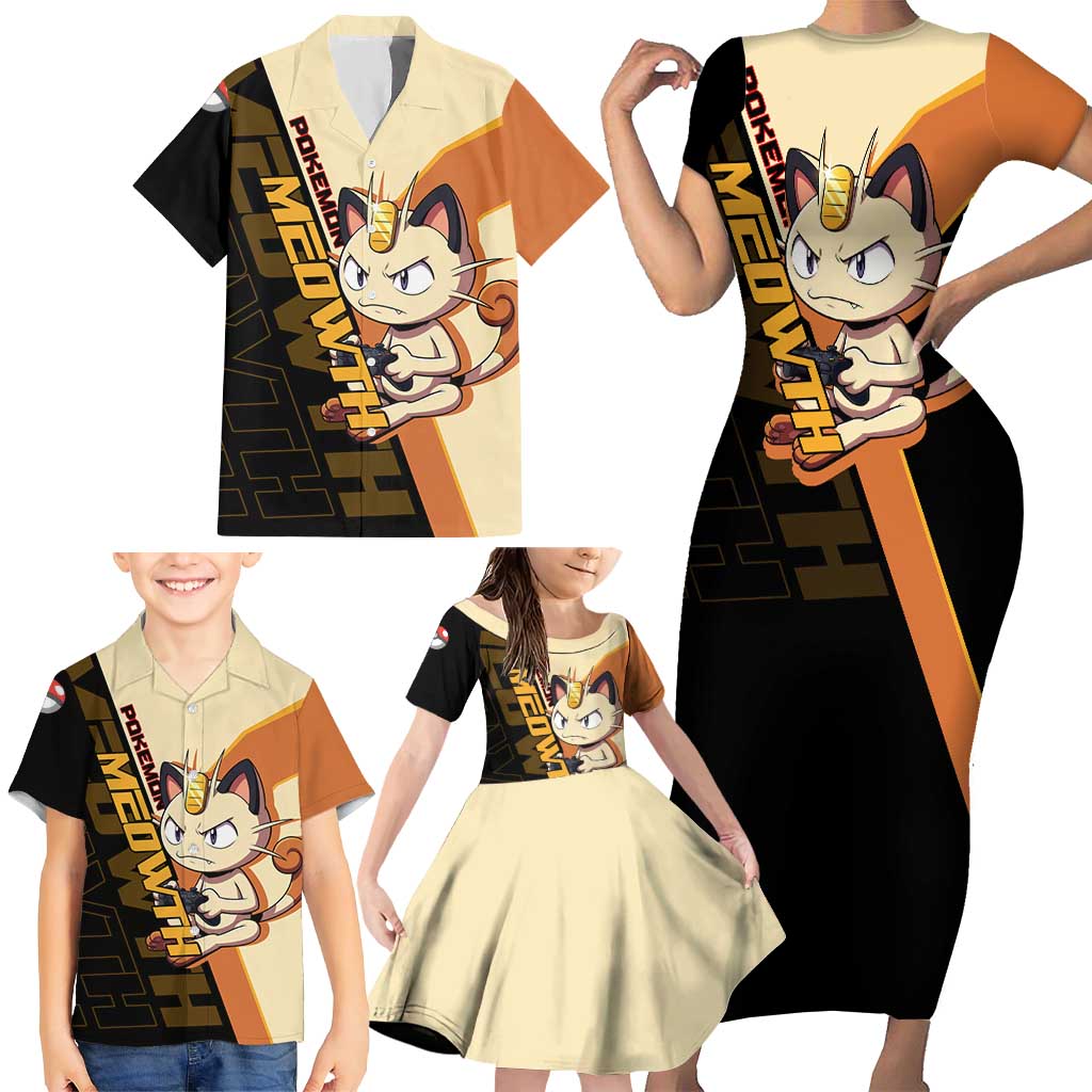 Meowth Poké Family Matching Short Sleeve Bodycon Dress and Hawaiian Shirt Vintage Anime Cartoon Style