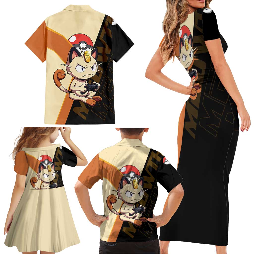 Meowth Poké Family Matching Short Sleeve Bodycon Dress and Hawaiian Shirt Vintage Anime Cartoon Style