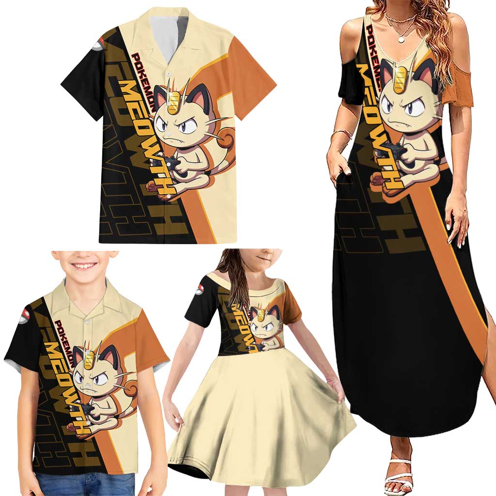 Meowth Poké Family Matching Summer Maxi Dress and Hawaiian Shirt Vintage Anime Cartoon Style