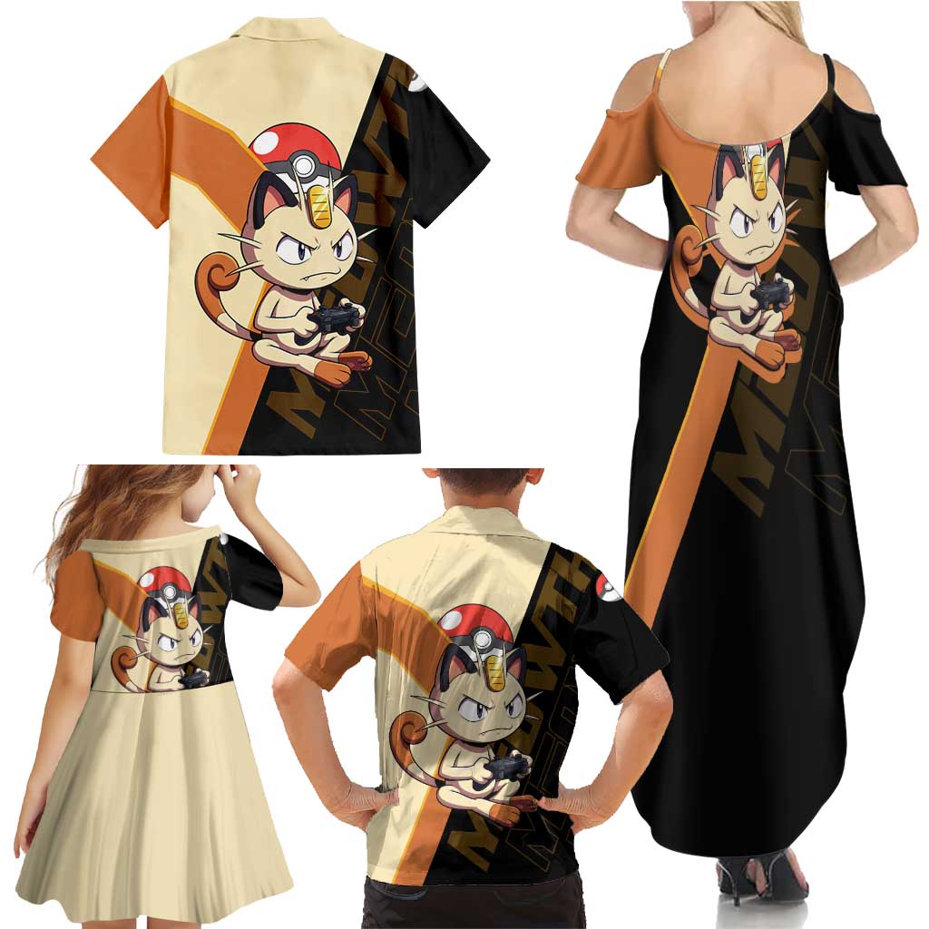 Meowth Poké Family Matching Summer Maxi Dress and Hawaiian Shirt Vintage Anime Cartoon Style