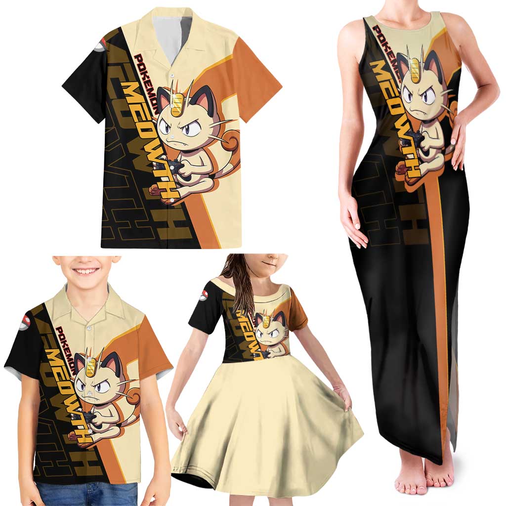 Meowth Poké Family Matching Tank Maxi Dress and Hawaiian Shirt Vintage Anime Cartoon Style