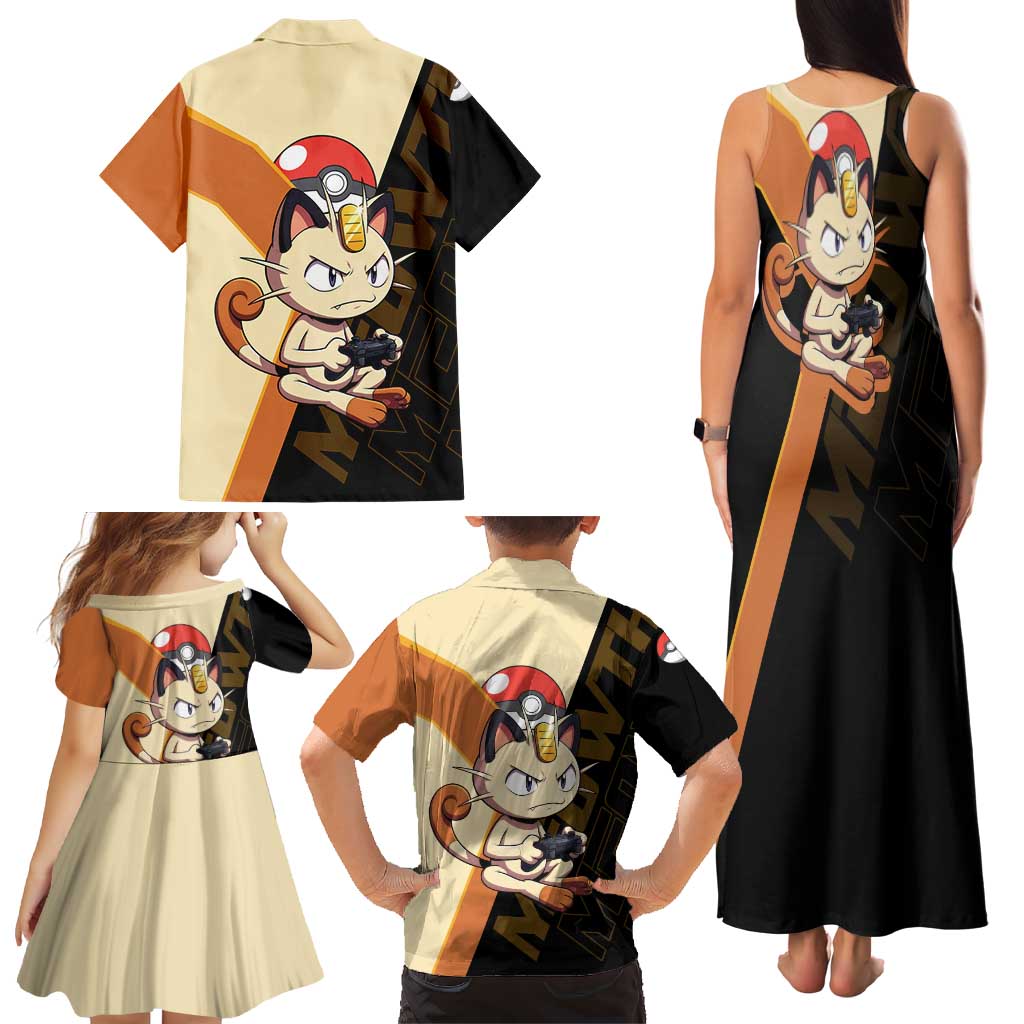 Meowth Poké Family Matching Tank Maxi Dress and Hawaiian Shirt Vintage Anime Cartoon Style