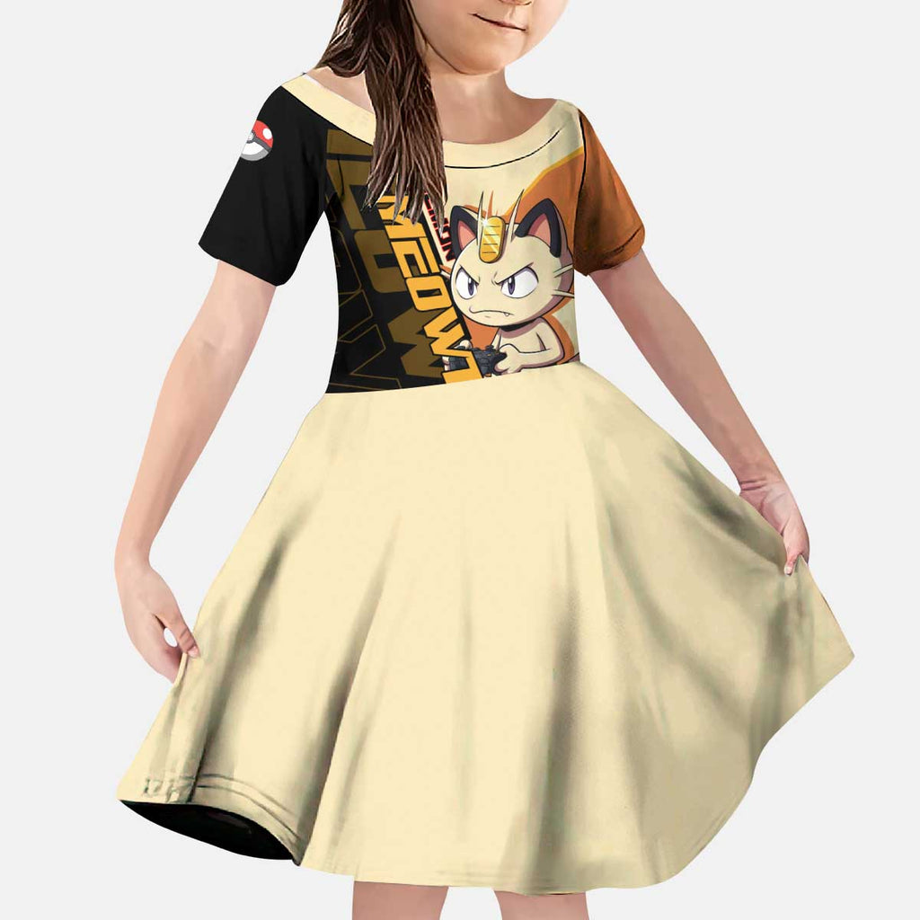 Meowth Poké Kid Short Sleeve Dress Vintage Anime Cartoon Style