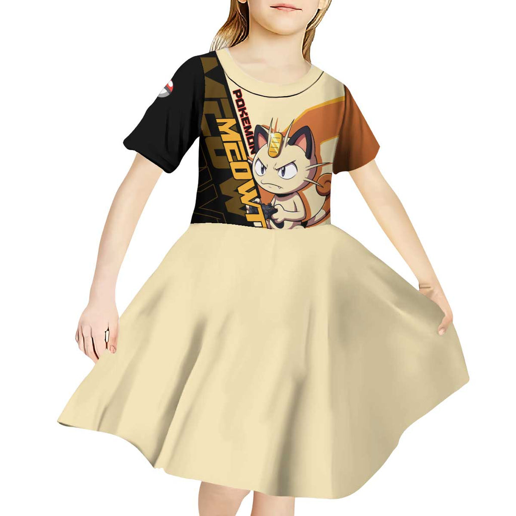 Meowth Poké Kid Short Sleeve Dress Vintage Anime Cartoon Style