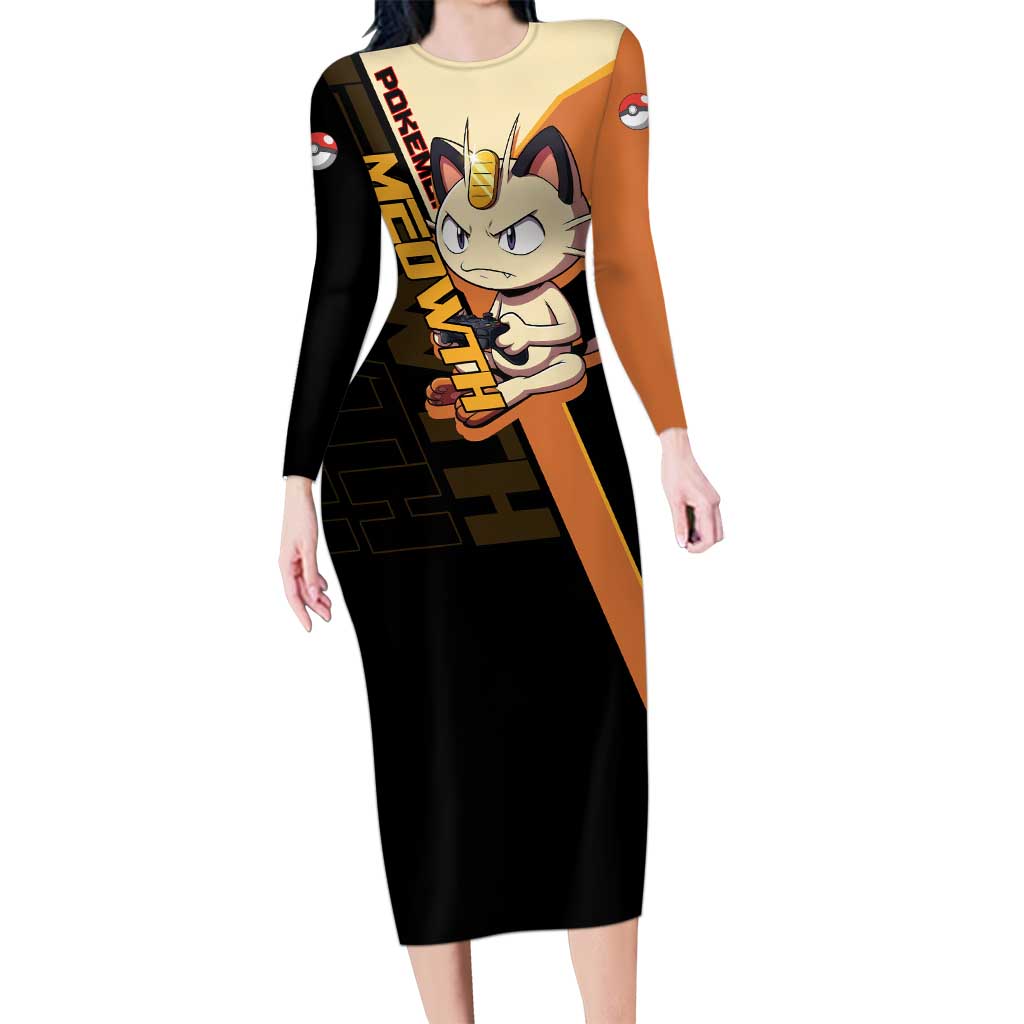 Meowth Poké Long Sleeve Bodycon Dress Vintage Anime Cartoon Style