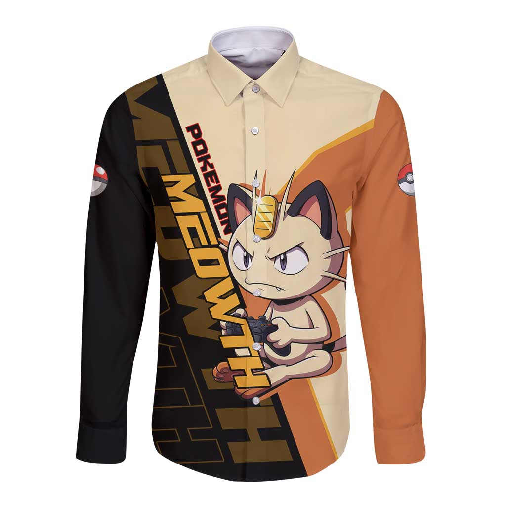 Meowth Poké Long Sleeve Button Shirt Vintage Anime Cartoon Style