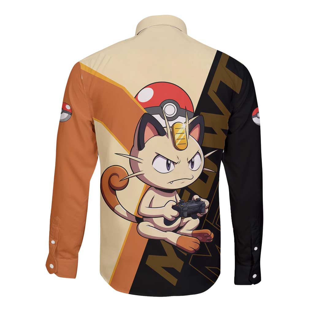 Meowth Poké Long Sleeve Button Shirt Vintage Anime Cartoon Style