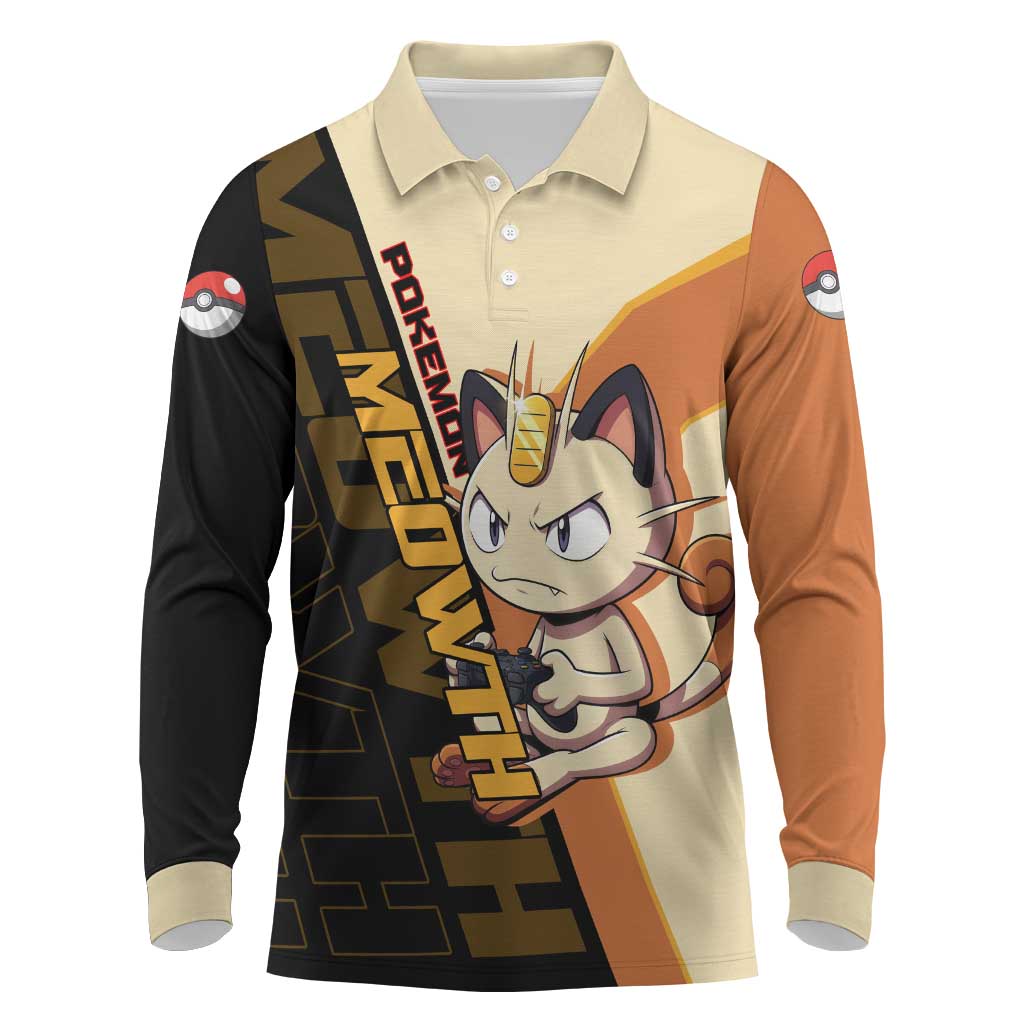 Meowth Poké Long Sleeve Polo Shirt Vintage Anime Cartoon Style