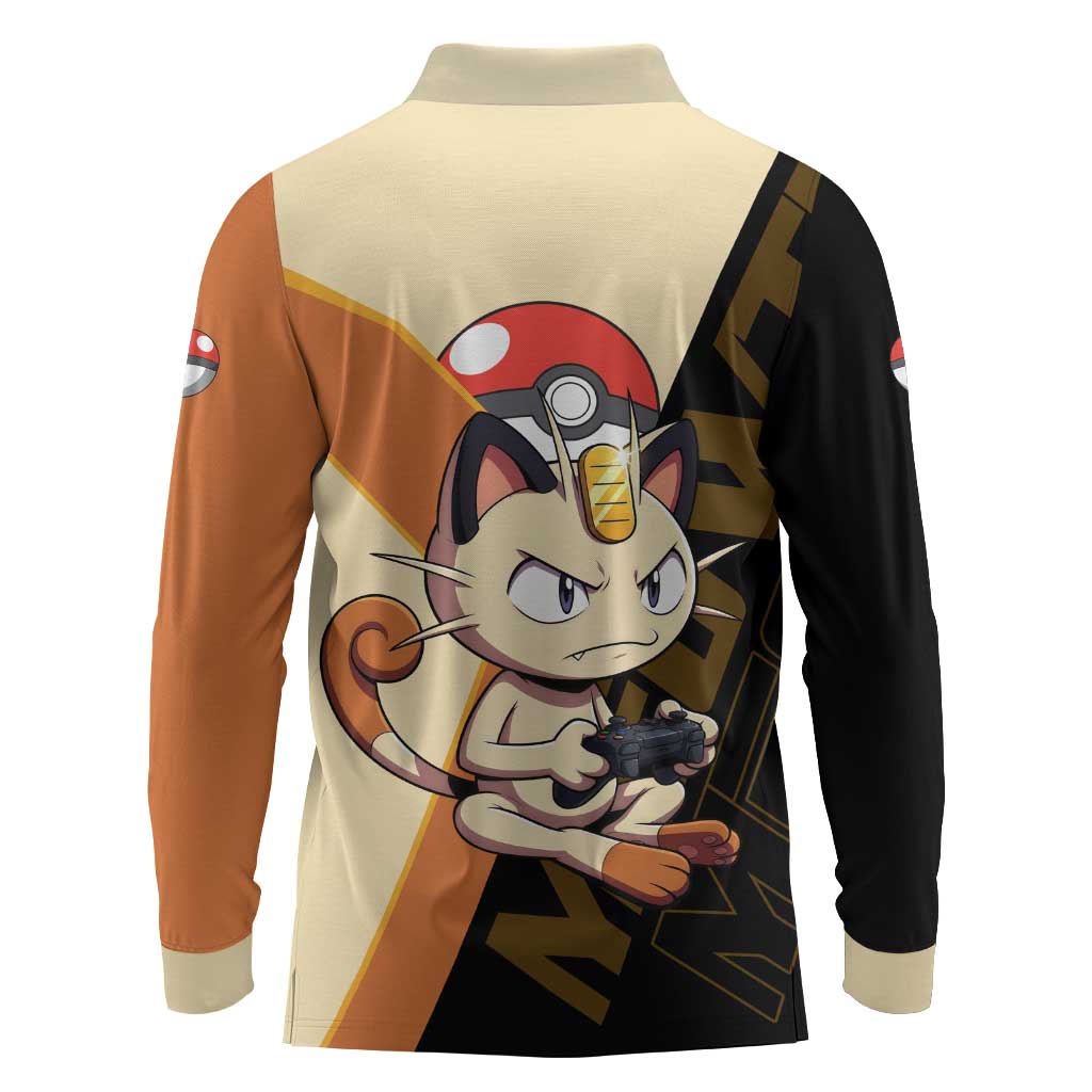 Meowth Poké Long Sleeve Polo Shirt Vintage Anime Cartoon Style