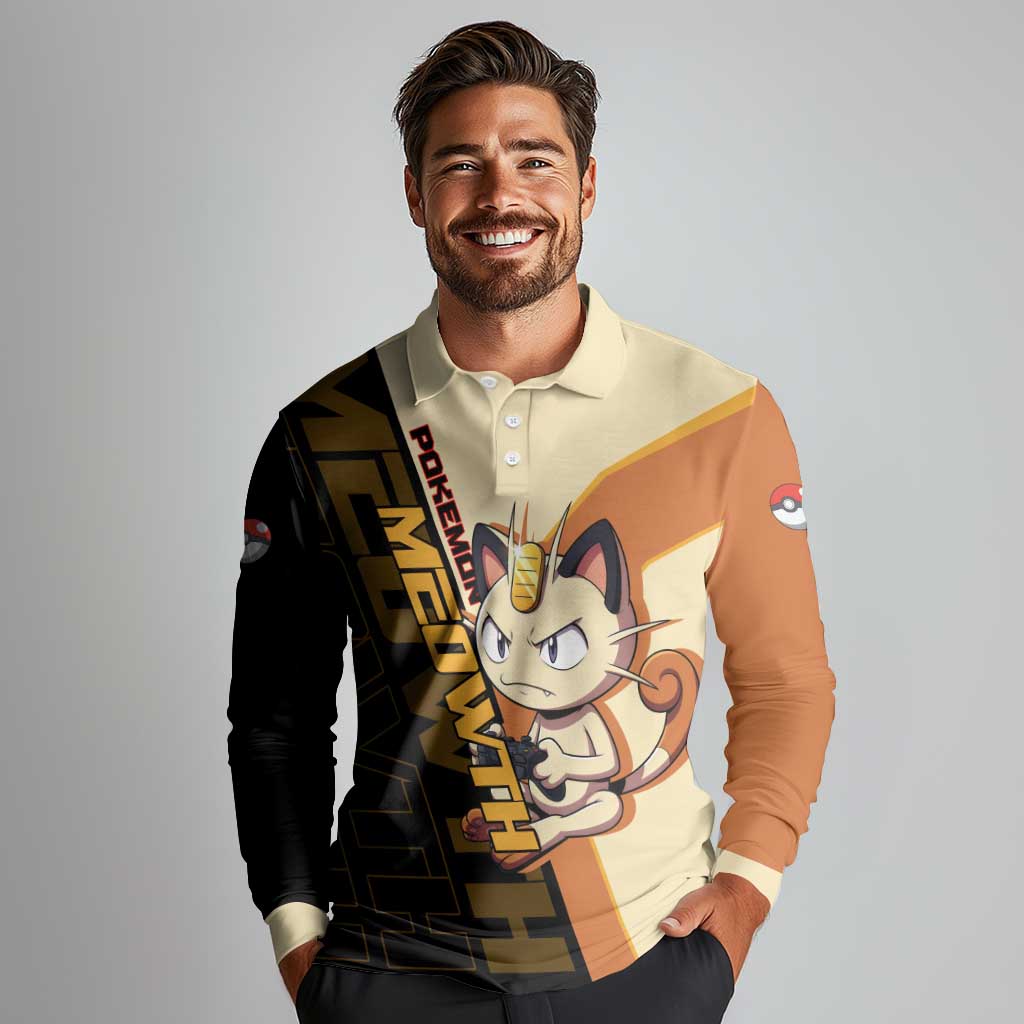 Meowth Poké Long Sleeve Polo Shirt Vintage Anime Cartoon Style