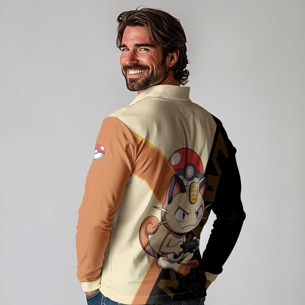 Meowth Poké Long Sleeve Polo Shirt Vintage Anime Cartoon Style
